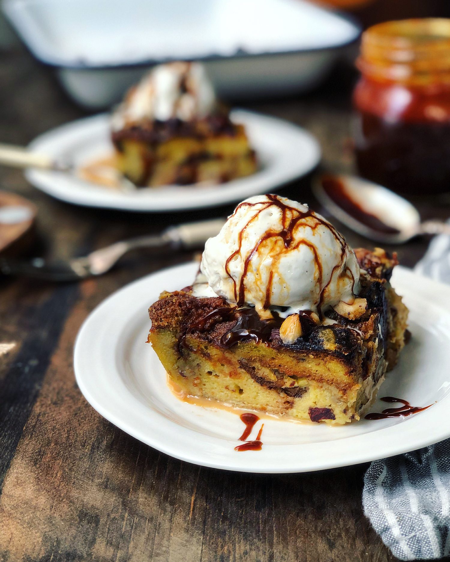 Chocolate Bread Pudding with Hazelnuts and Caramel Sauce