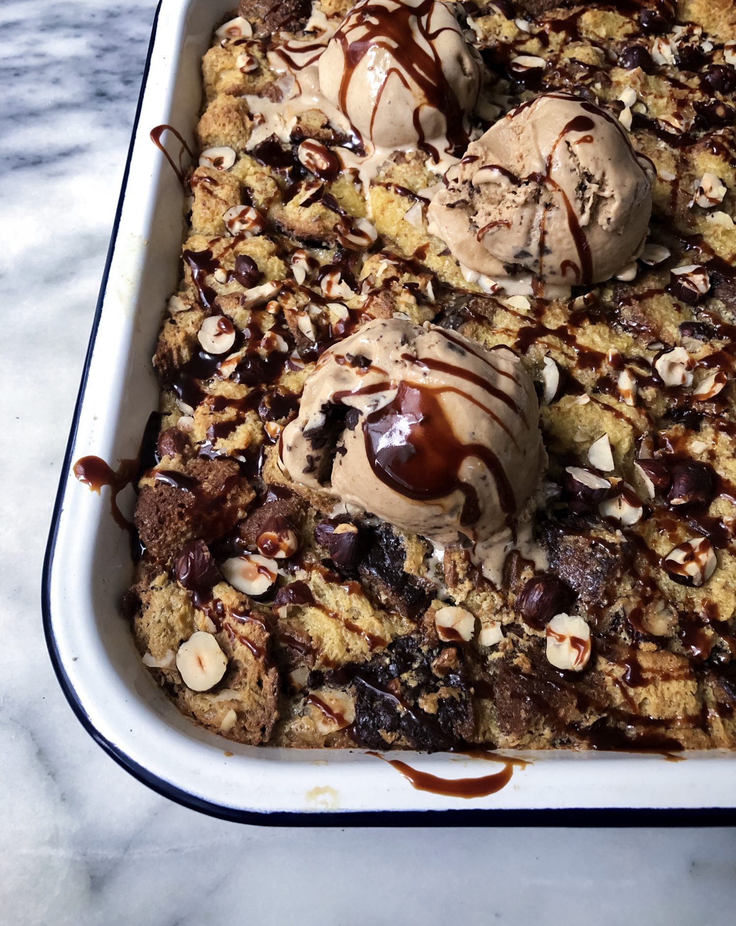 Chocolate Bread Pudding with Hazelnuts and Caramel Sauce