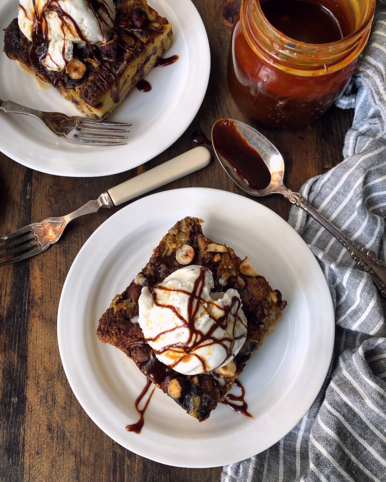 Chocolate Bread Pudding with Hazelnuts and Caramel Sauce