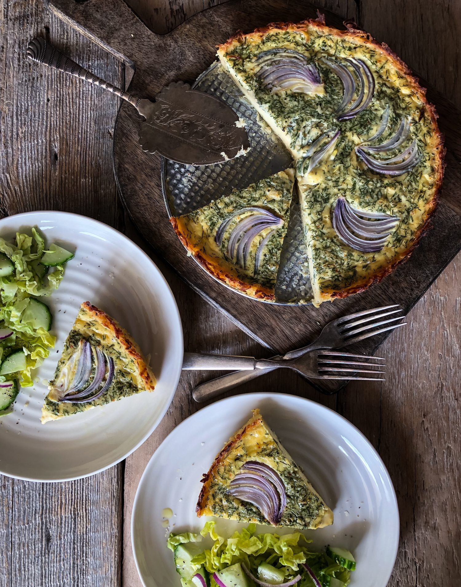 Goat Cheese and Dill Quiche in a hash brown crust