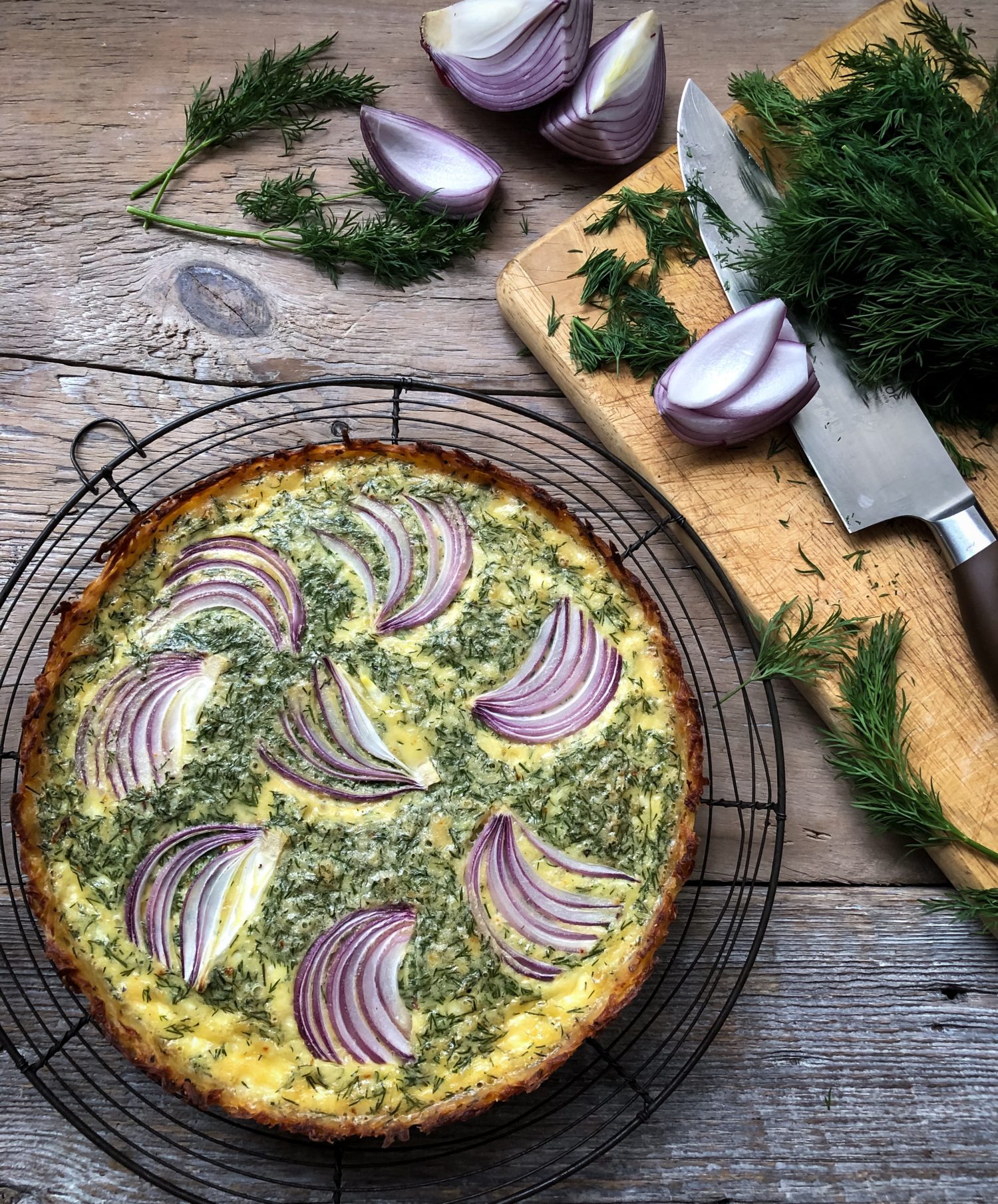 Goat Cheese and Dill Quiche in a hash brown crust