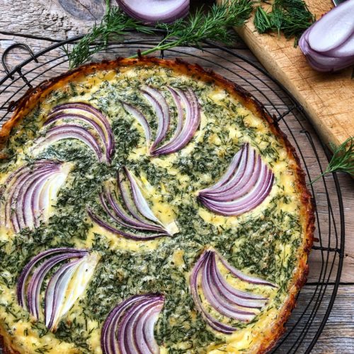 Goat Cheese and Dill Quiche in a hash brown crust