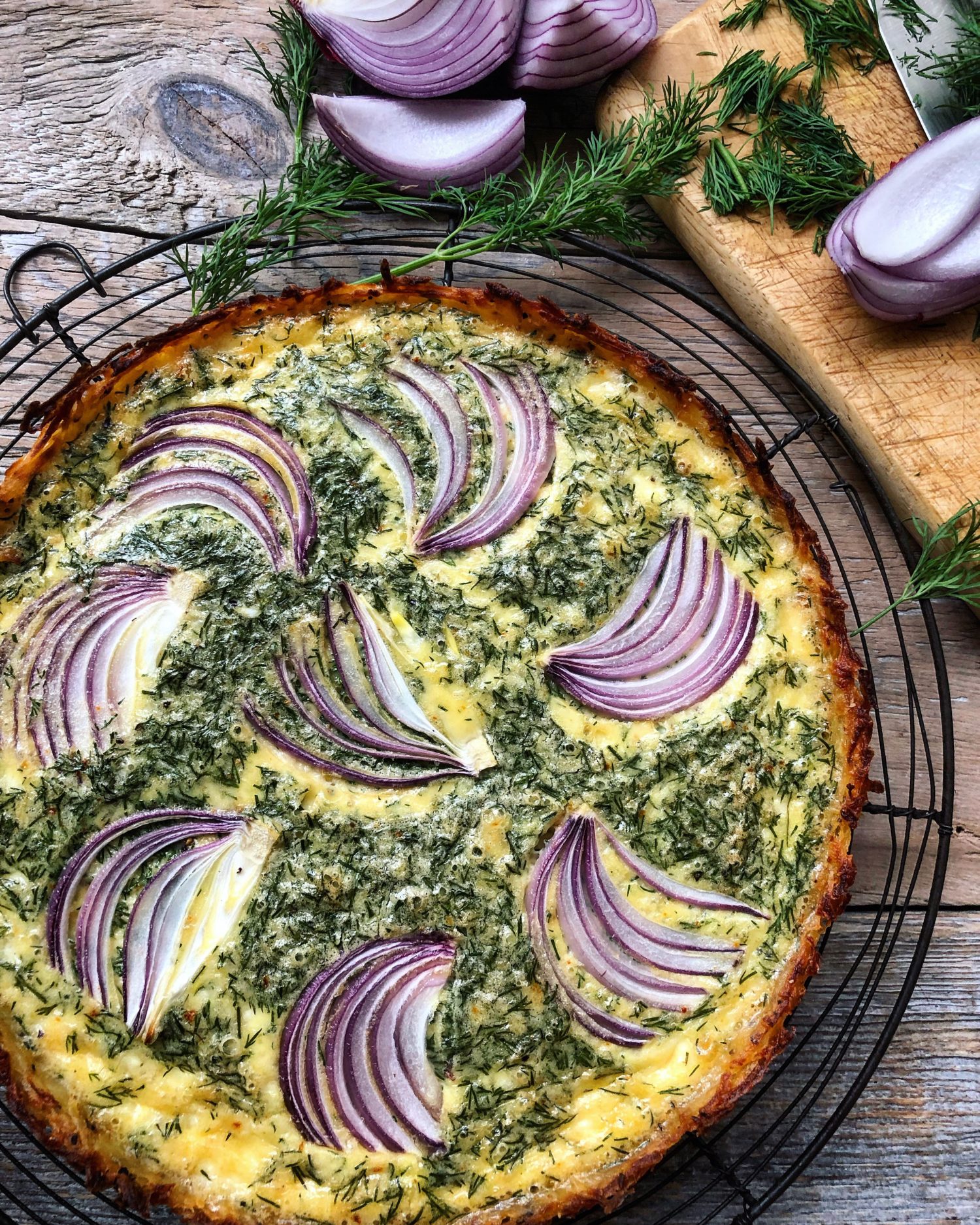 Goat Cheese and Dill Quiche in a hash brown crust