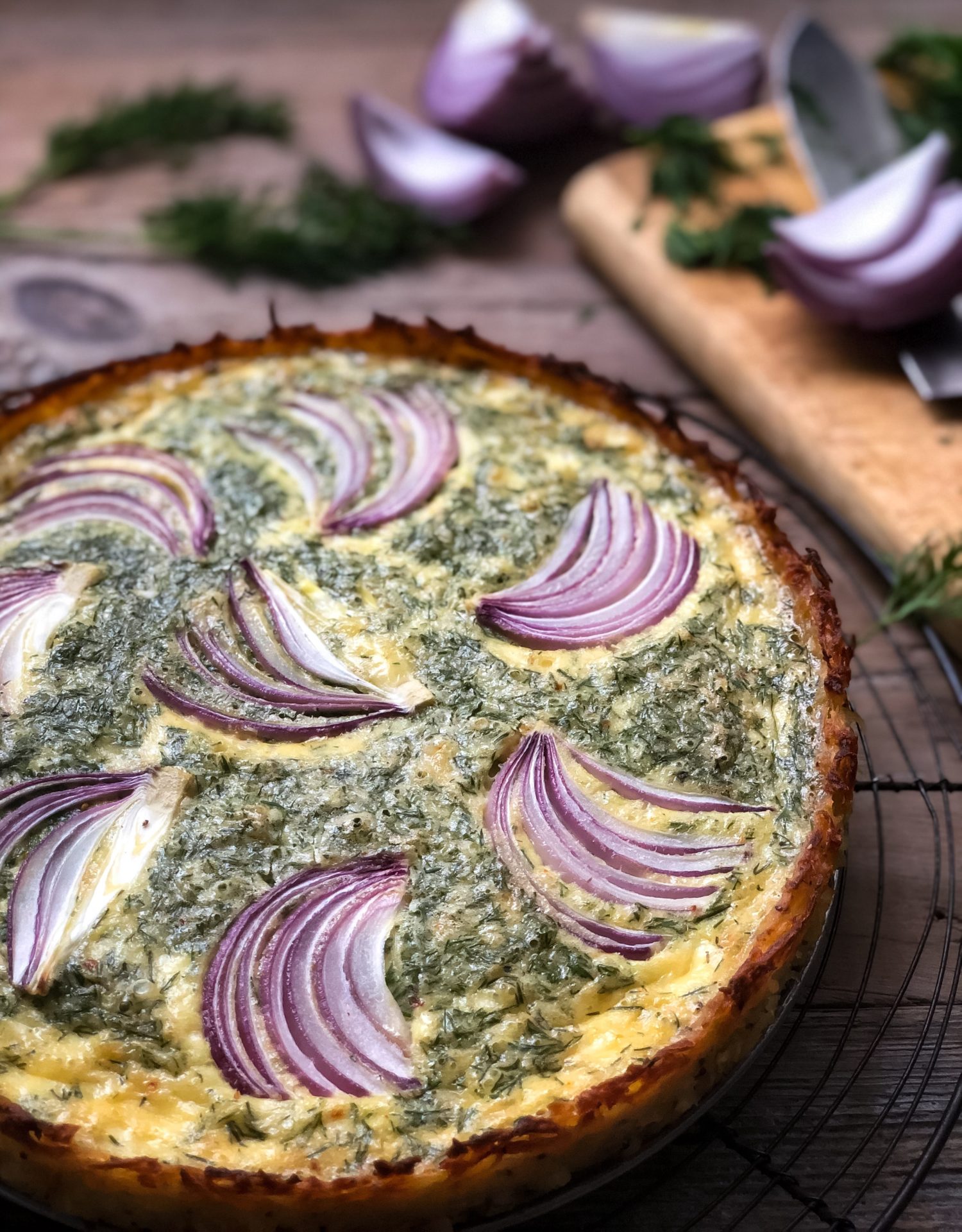 Goat Cheese and Dill Quiche in a hash brown crust