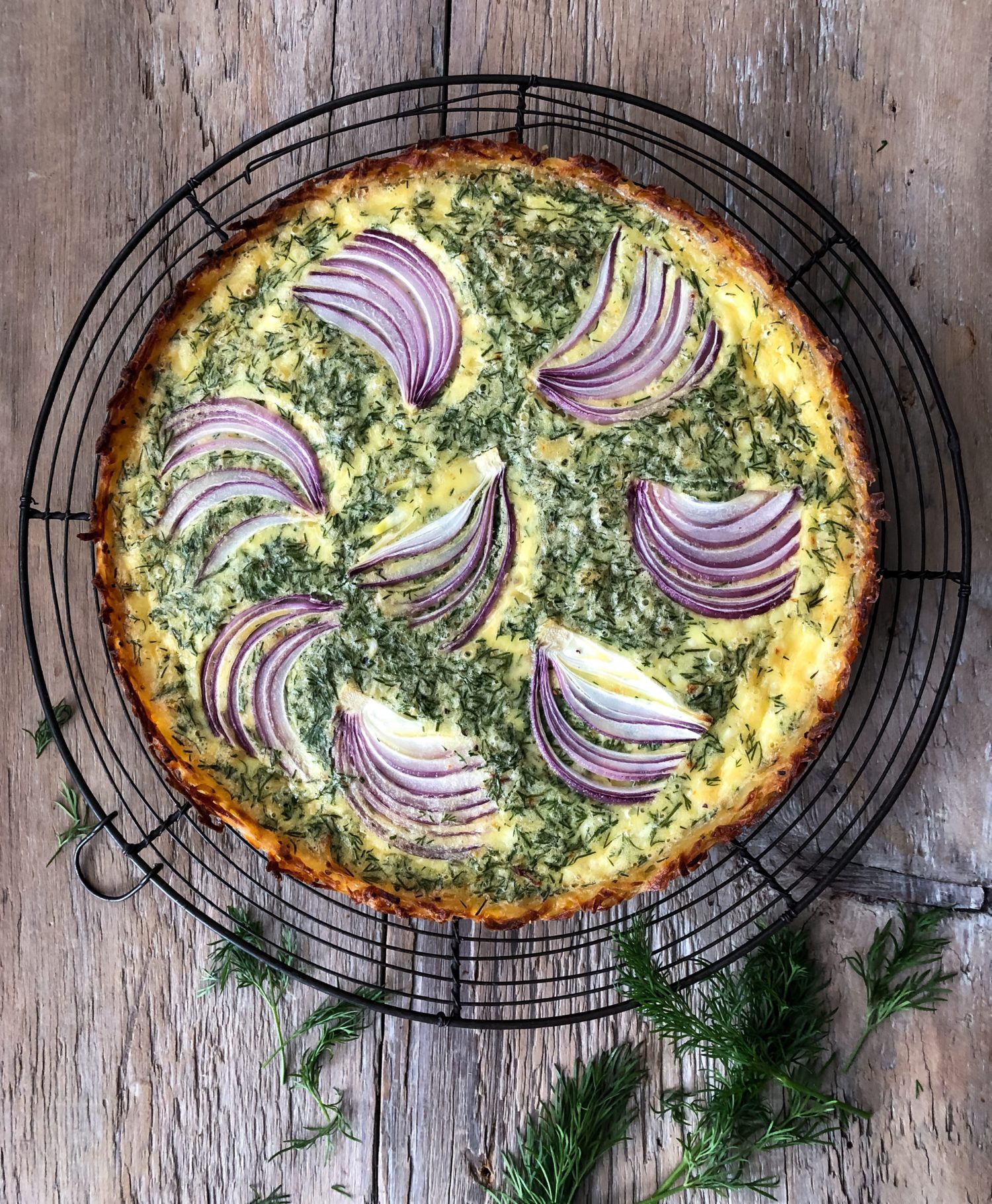 Goat Cheese and Dill Quiche in a hash brown crust