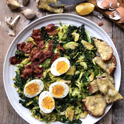 Deconstructed Kale and Brussels Sprouts Caesar Salad