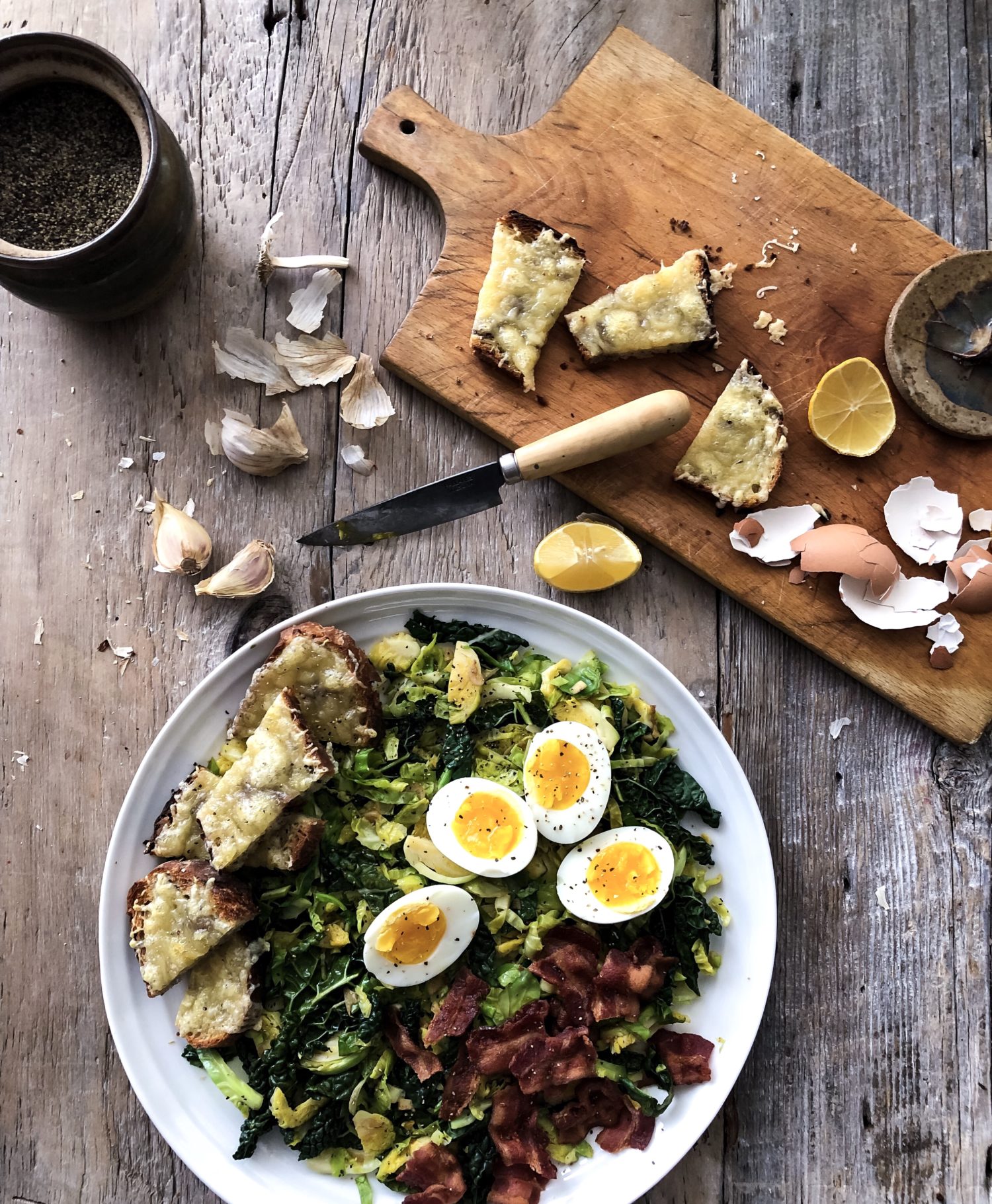 Deconstructed Kale and Brussels Sprouts Caesar Salad