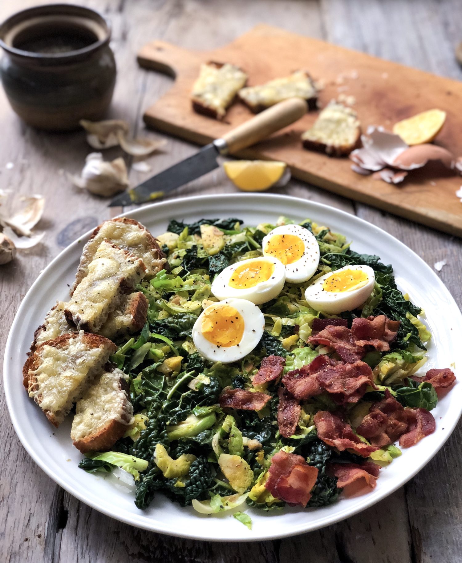 Deconstructed Kale and Brussels Sprouts Caesar Salad