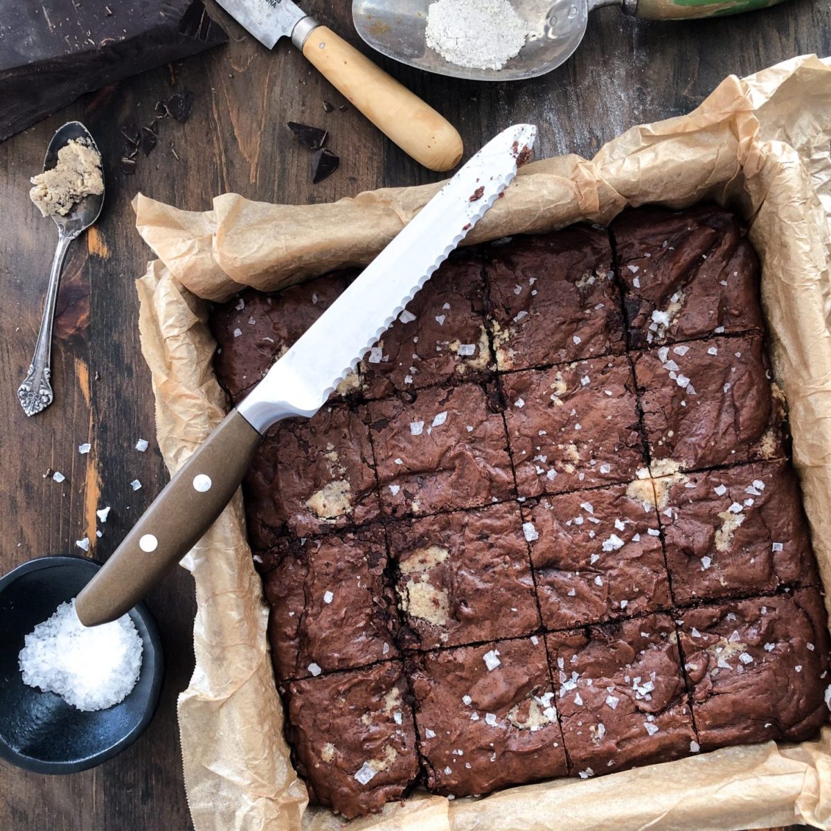 Halva Rye Brownies, crispy tops, gooey centres