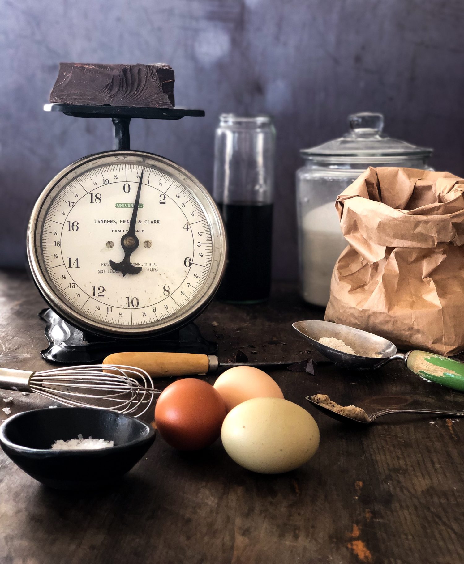 Vintage kitchen scale, heritage eggs, rye flour