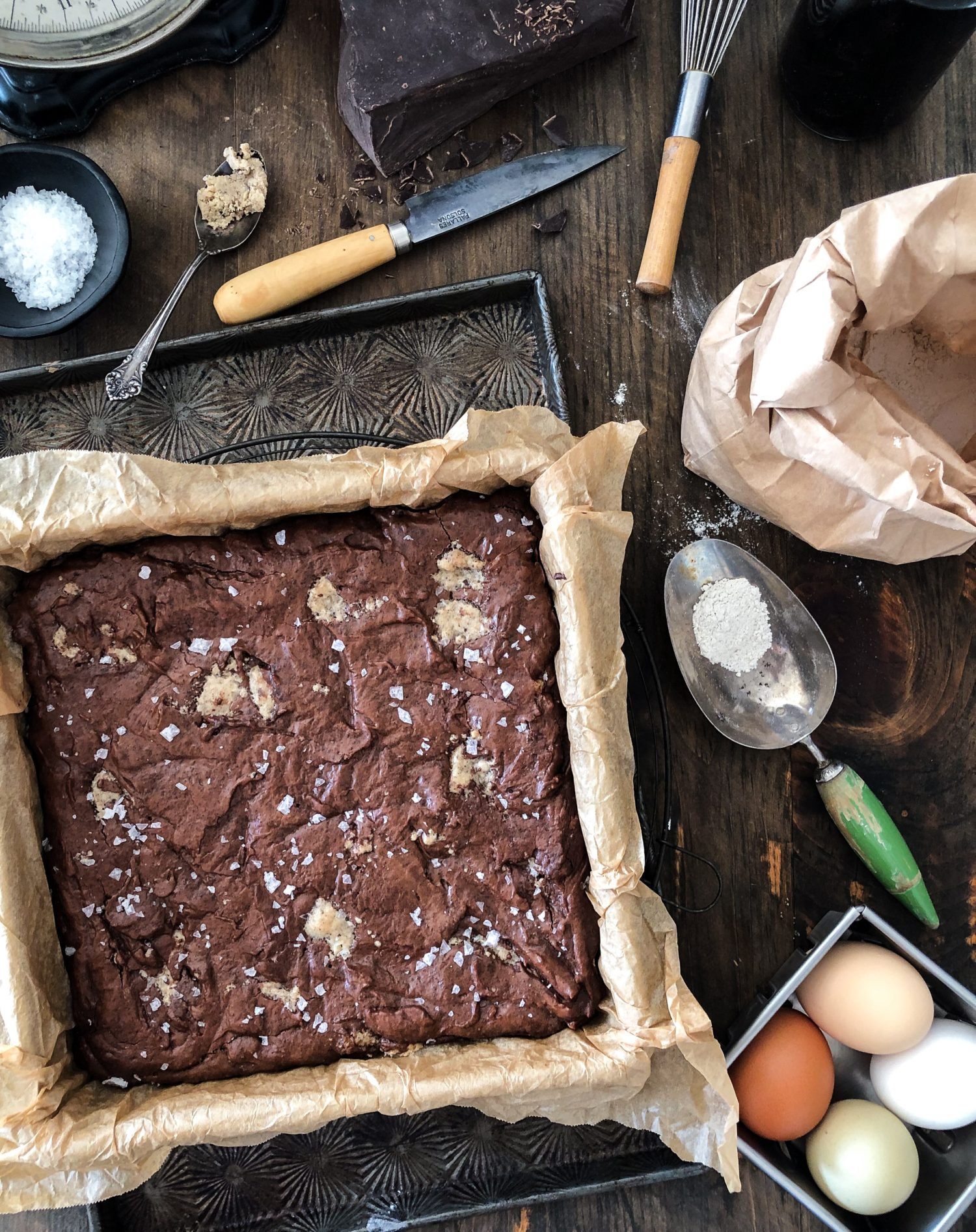 Halva Rye Brownies, crispy top, gooey centre