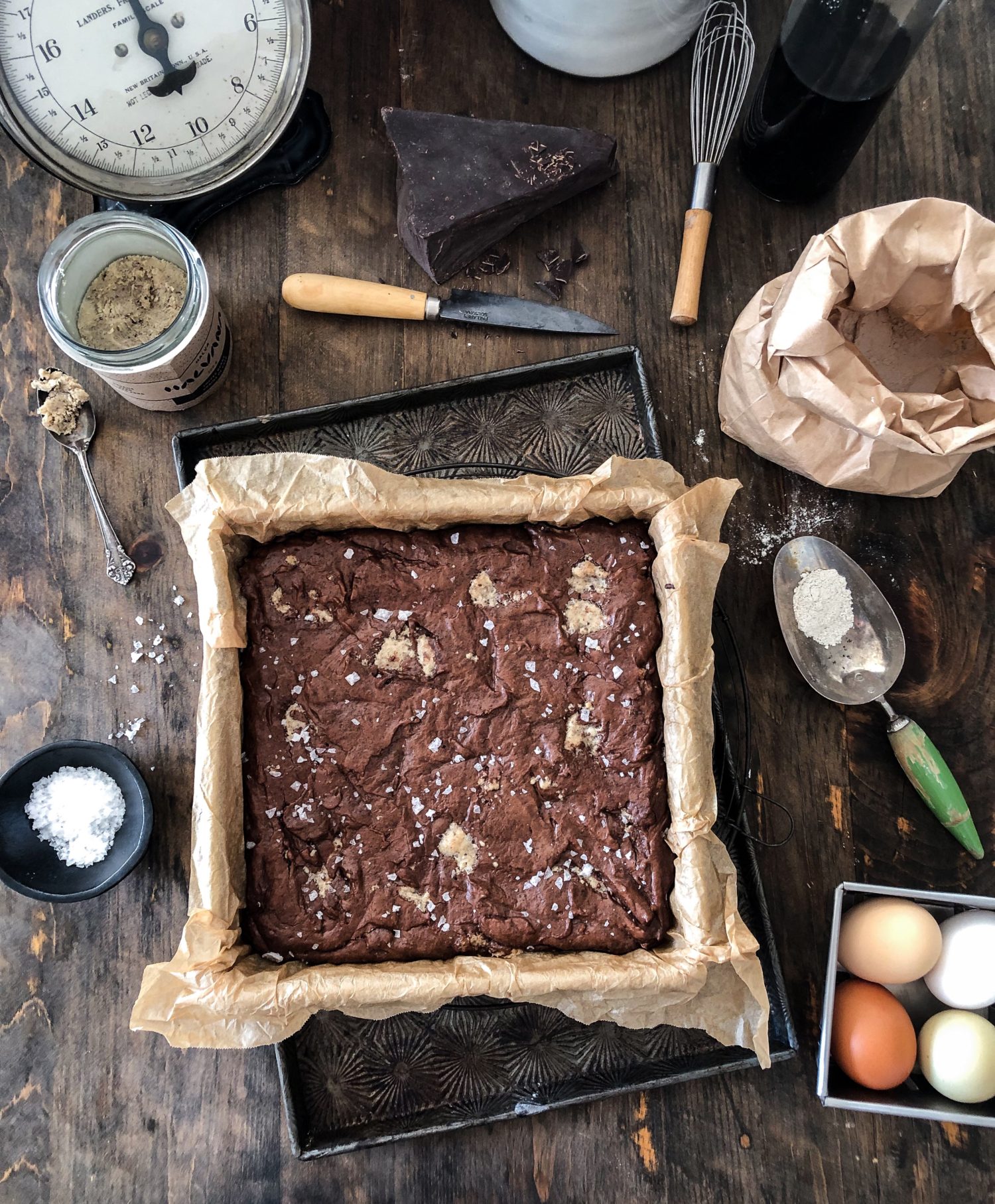 Halva Rye Brownies, crispy top, gooey centre