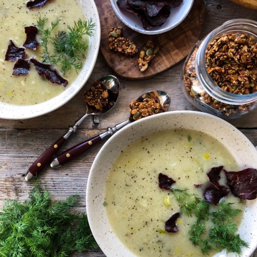 Roasted Potato and Leek Soup, with prosciutto chips and savoury granola