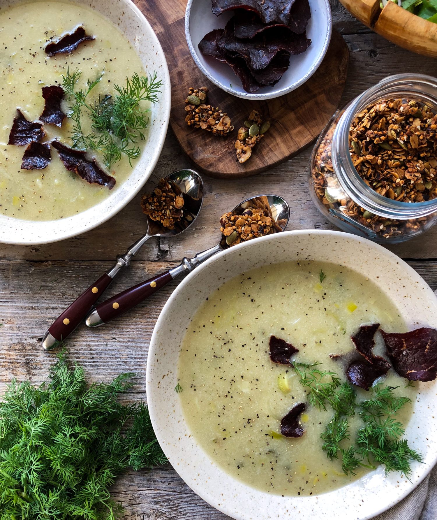 Roasted Potato and Leek Soup, with prosciutto chips and savoury granola