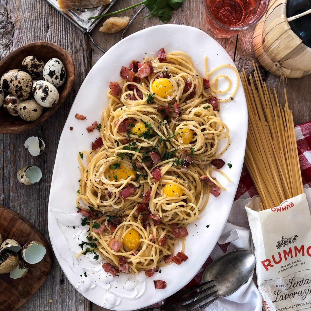 Spaghetti Carbonara, quail eggs