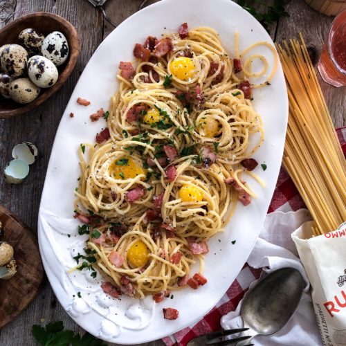 Spaghetti Carbonara, quail eggs