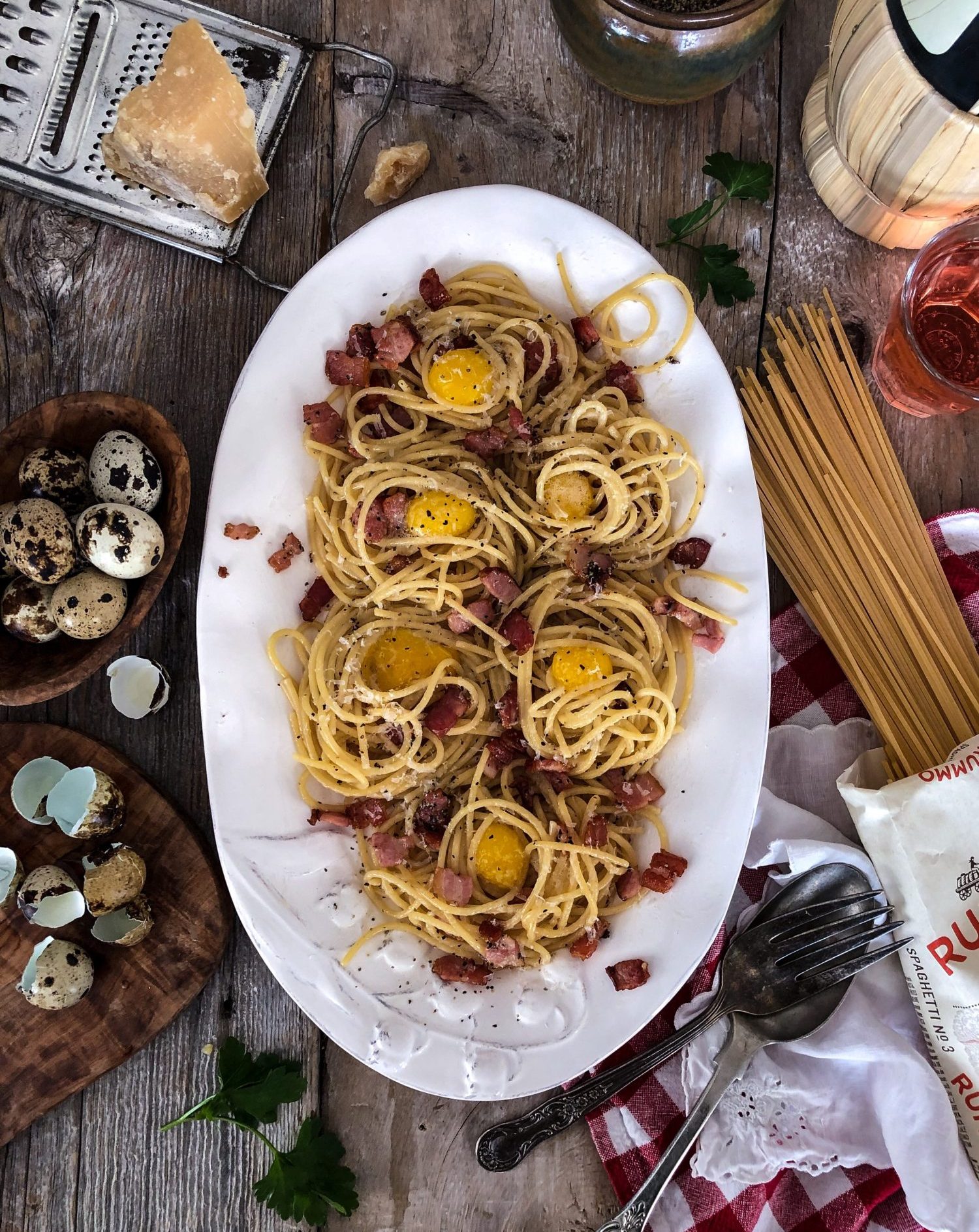 Spaghetti Carbonara, quail eggs