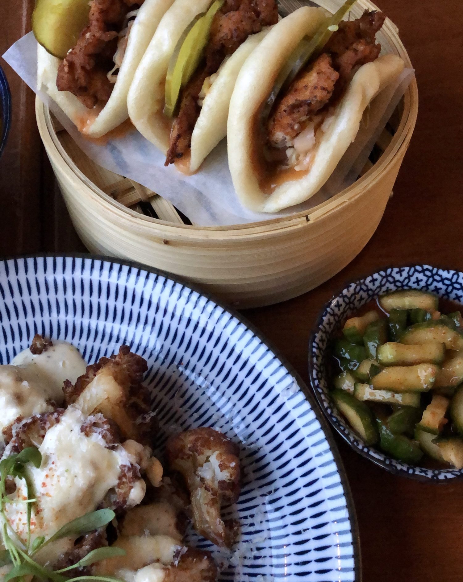 Montreal Cho Restaurant, bao, kimchi cucumber, gruyere cauliflower