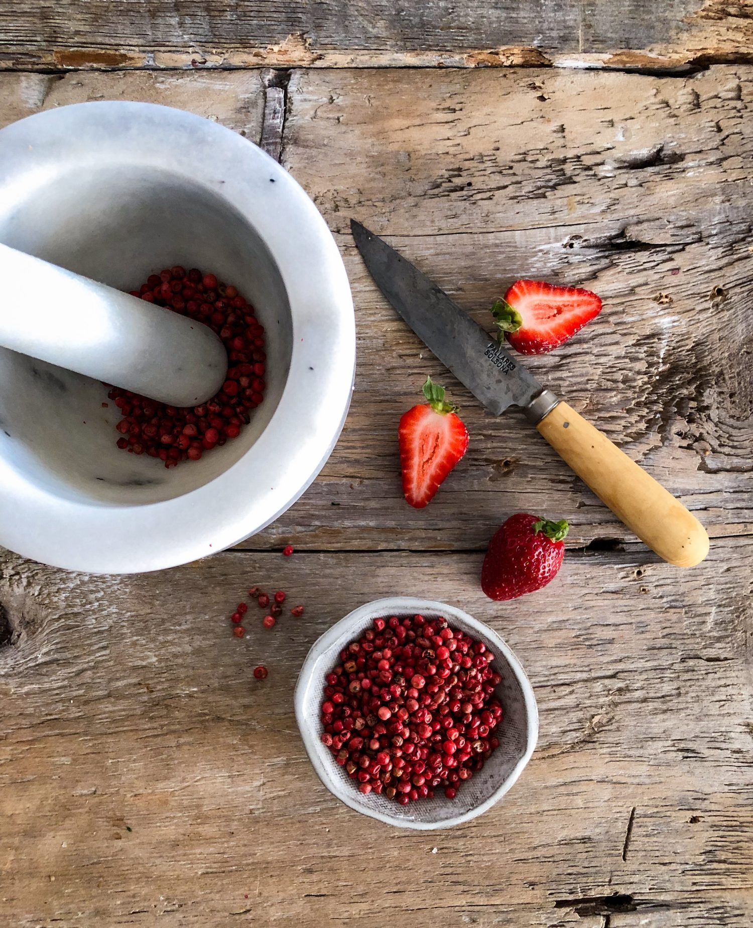 No Bake Balsamic Strawberry and pink peppercorn Cheesecake, pink peppercorns