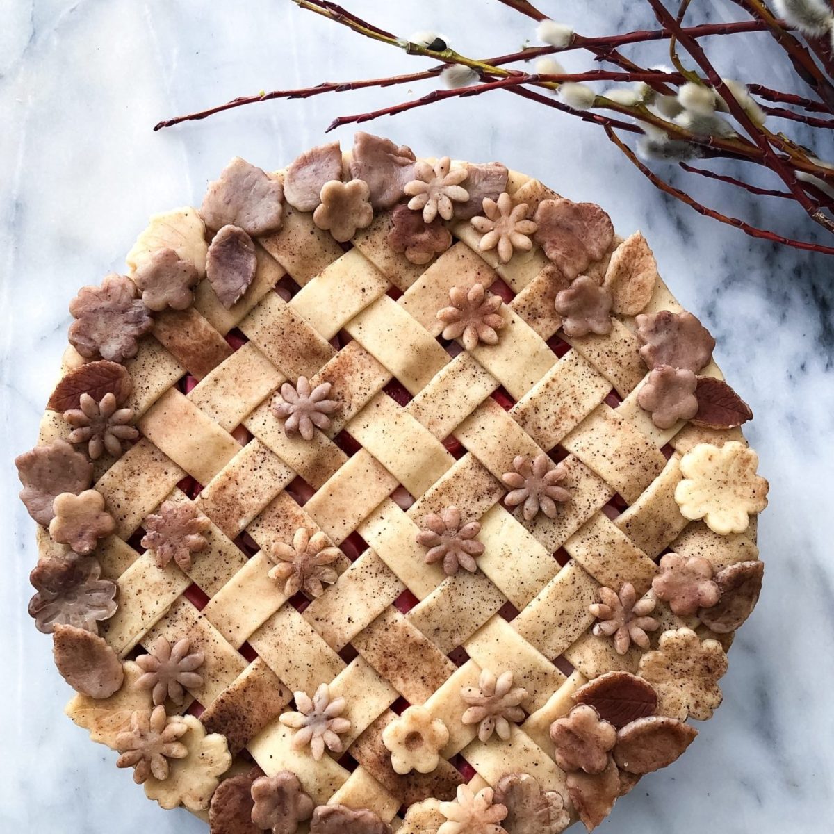 Strawberry Rhubarb Pie with Urfa Biber in a Chocolate Coffee Marble Crust, lattice, flower and leaf cut outs