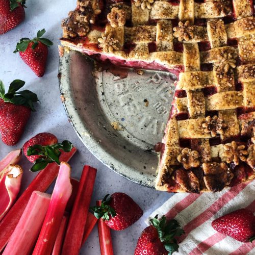 Strawberry Rhubarb Pie with urfa biber in a chocolate coffee marble crust, lattice, flower and leaf cut outs