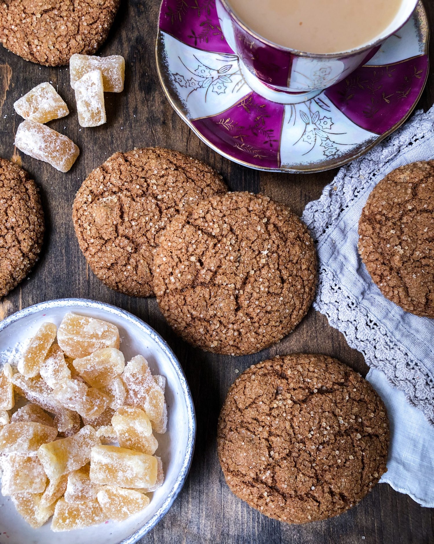 Spicy Ginger Molasses cookies, candied ginger