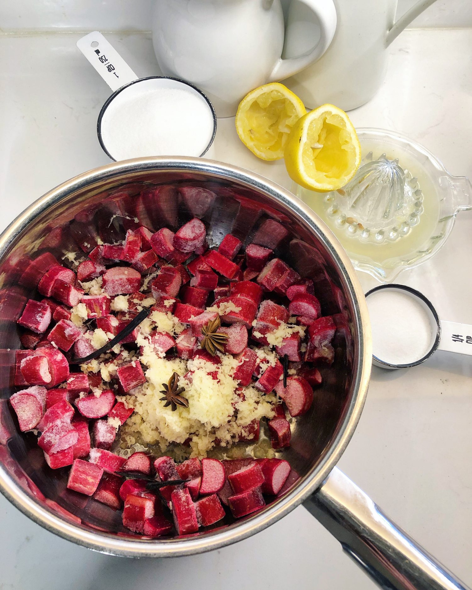 Rose Harissa Rhubarb Raspberry Semifreddo, compote prep