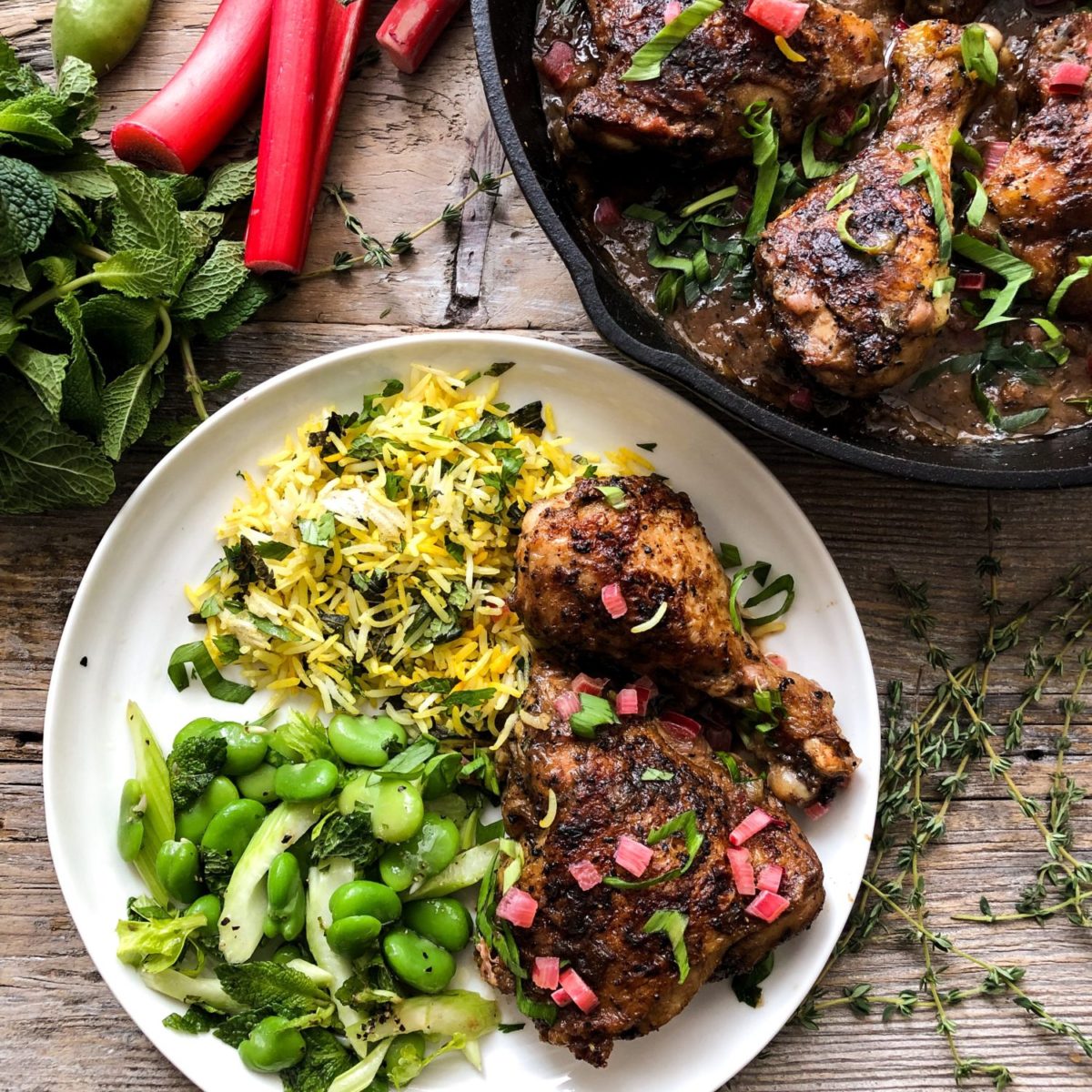 Skillet Roasted Rhubarb Chicken, fava bean salad