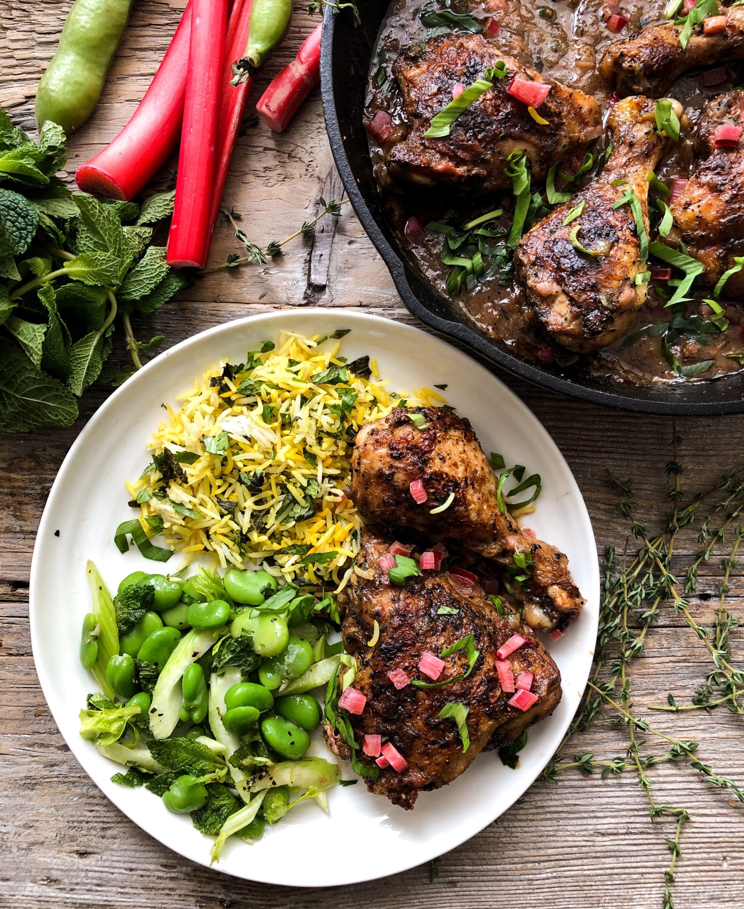 Skillet Roasted Rhubarb Chicken, fava bean salad