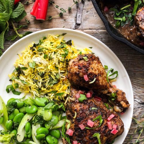 Skillet Roasted Rhubarb Chicken, fava bean salad