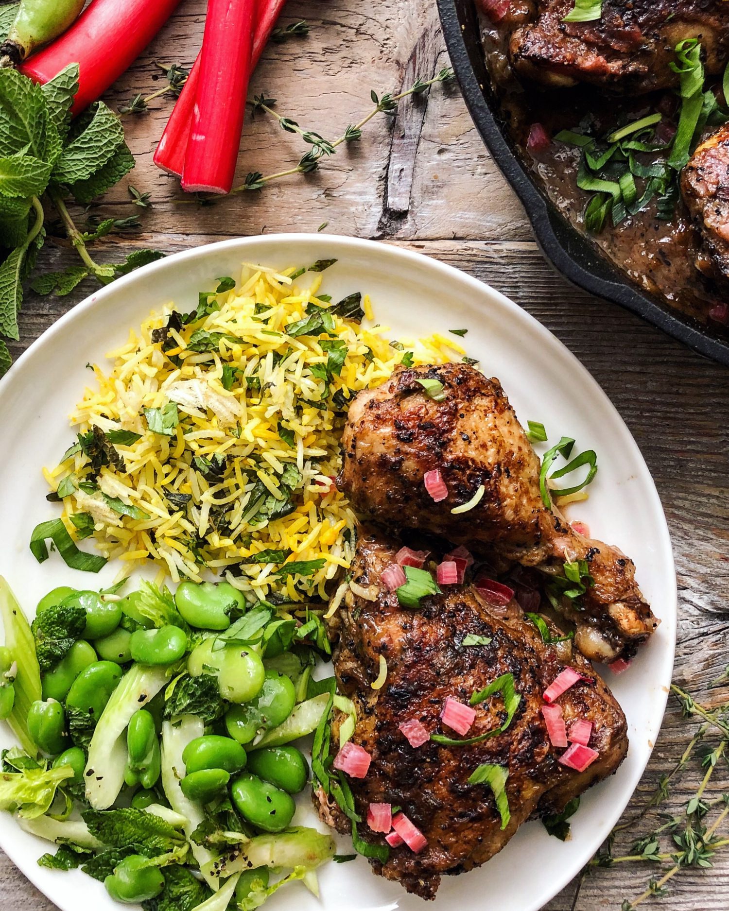 Skillet Roasted Rhubarb Chicken, fava bean salad