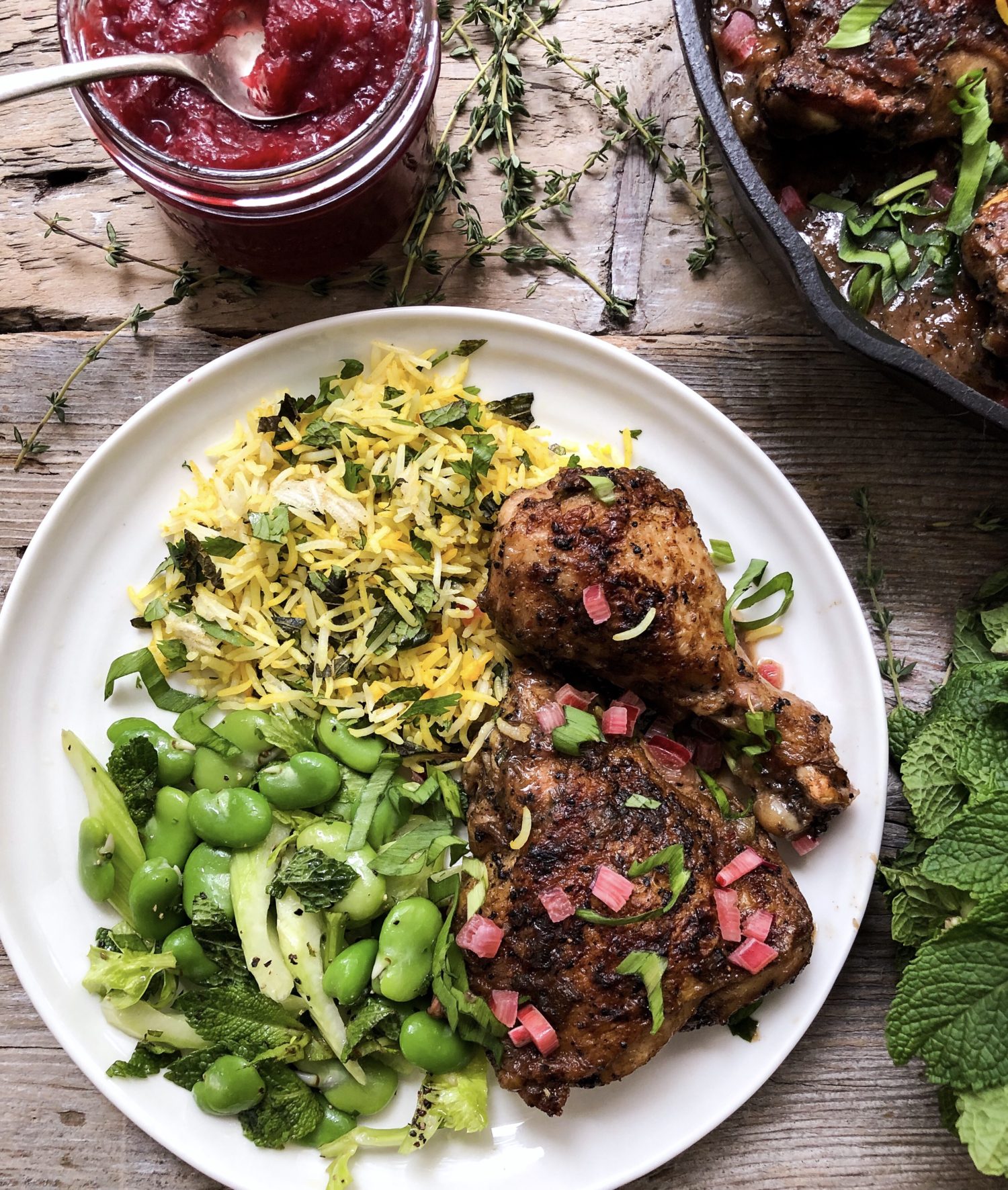 Skillet Roasted Rhubarb Chicken, fava bean salad