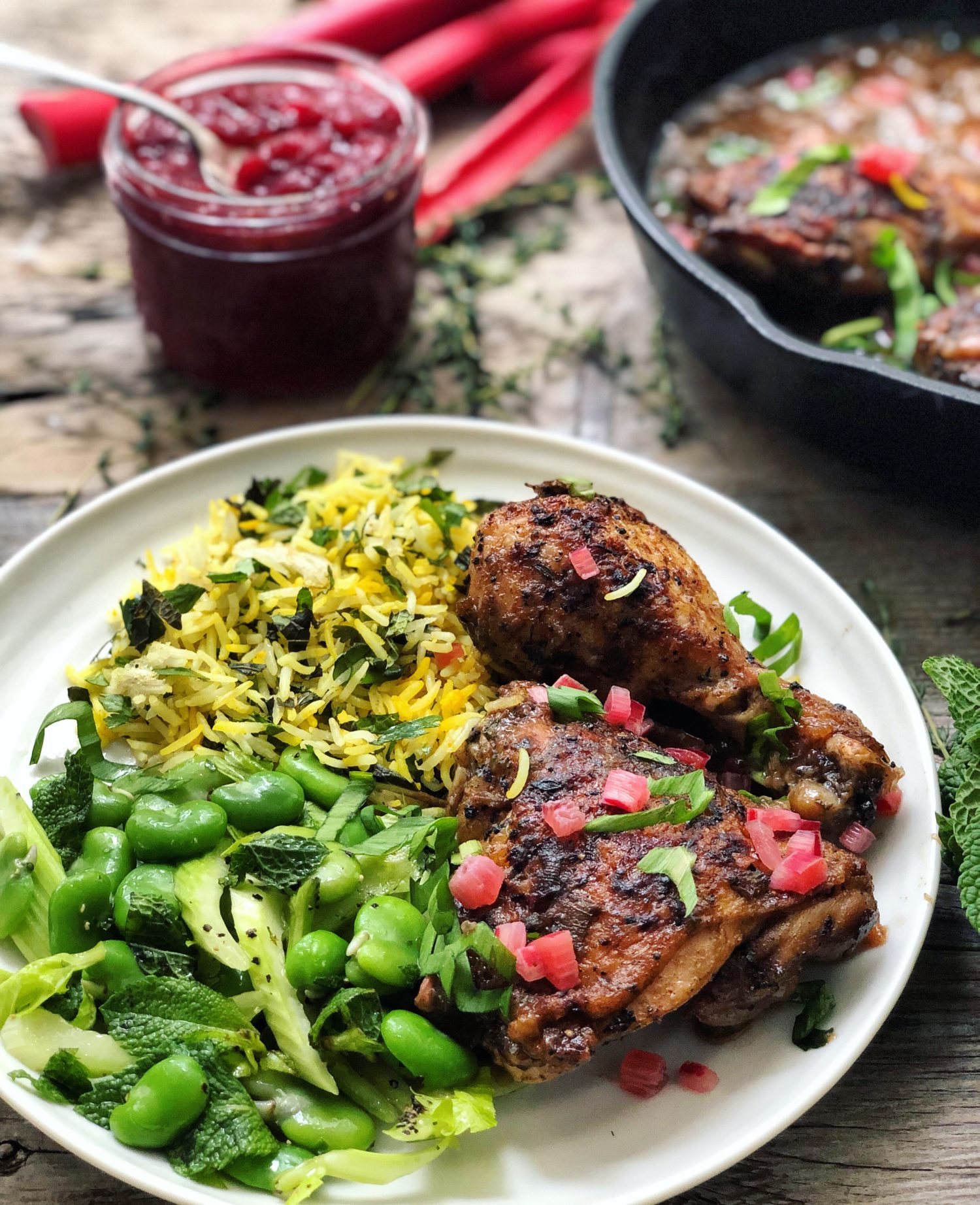 Skillet Roasted Rhubarb Chicken, fava bean salad