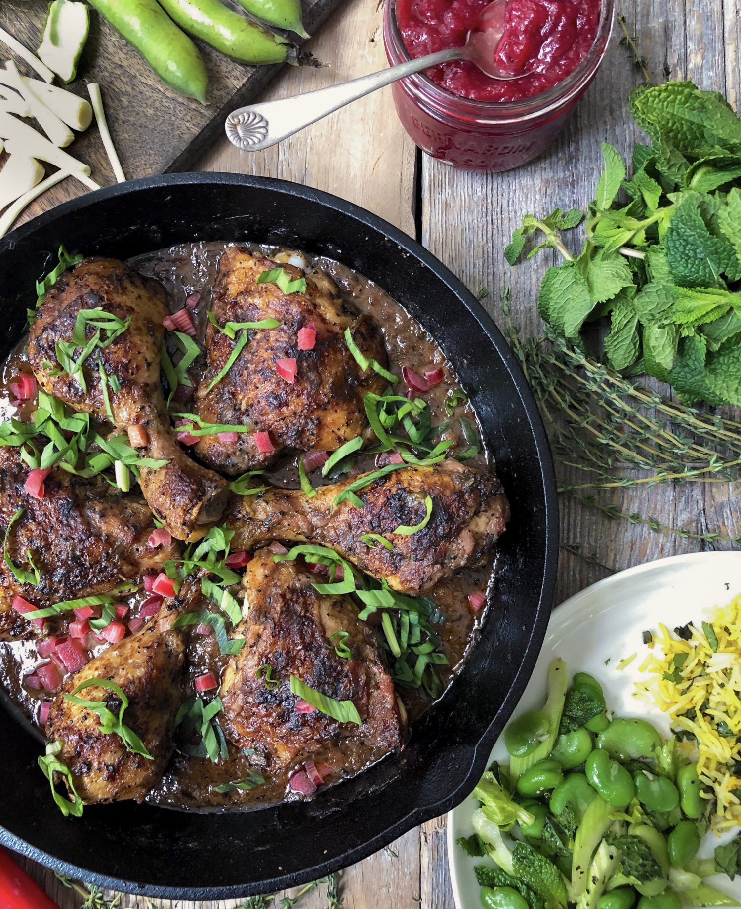 Skillet Roasted Rhubarb Chicken, fava bean salad