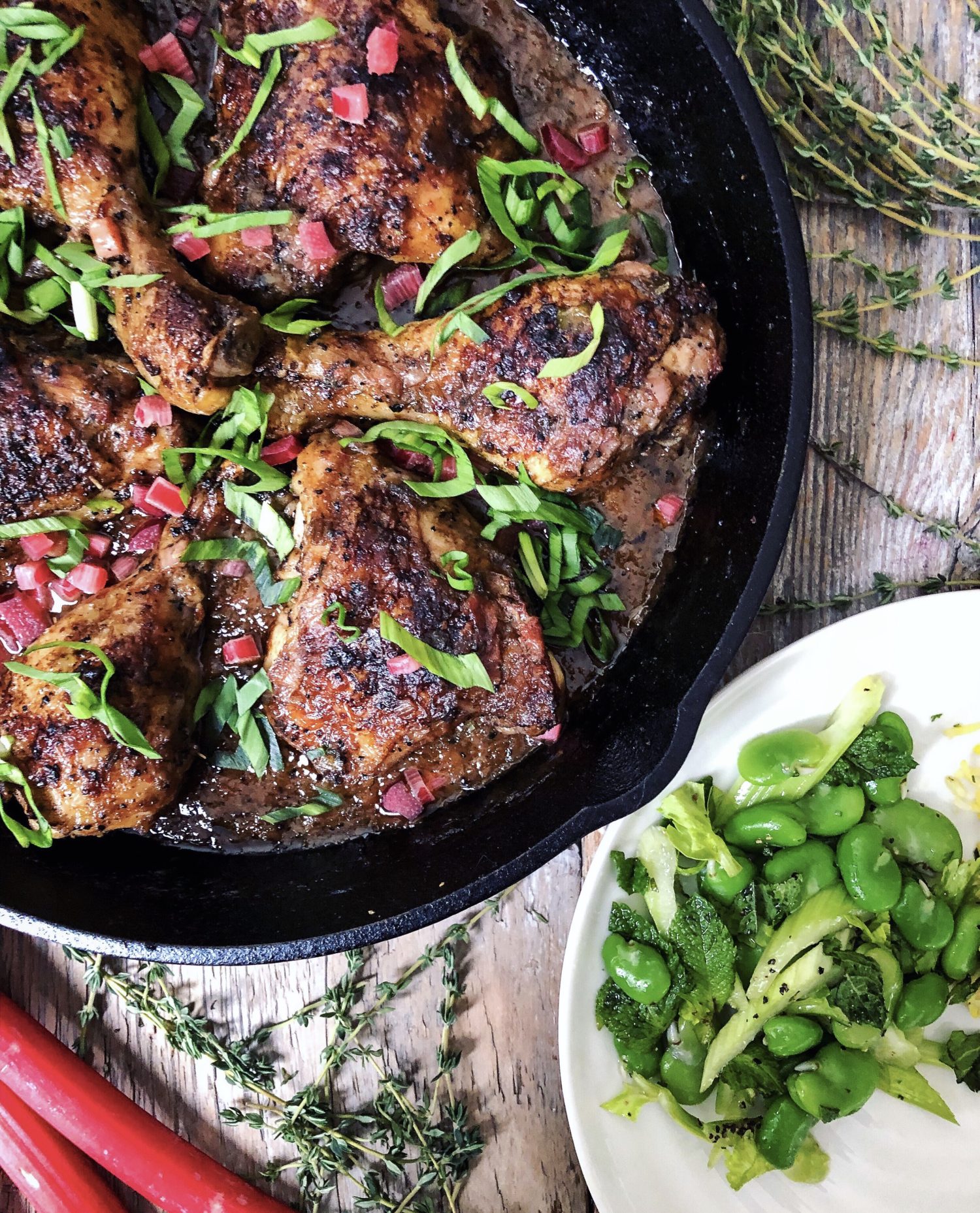 Skillet Roasted Rhubarb Chicken, fava bean salad