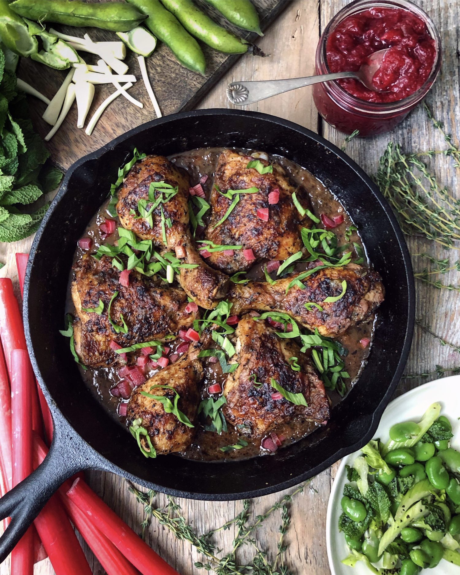 Skillet Roasted Rhubarb Chicken, fava bean salad