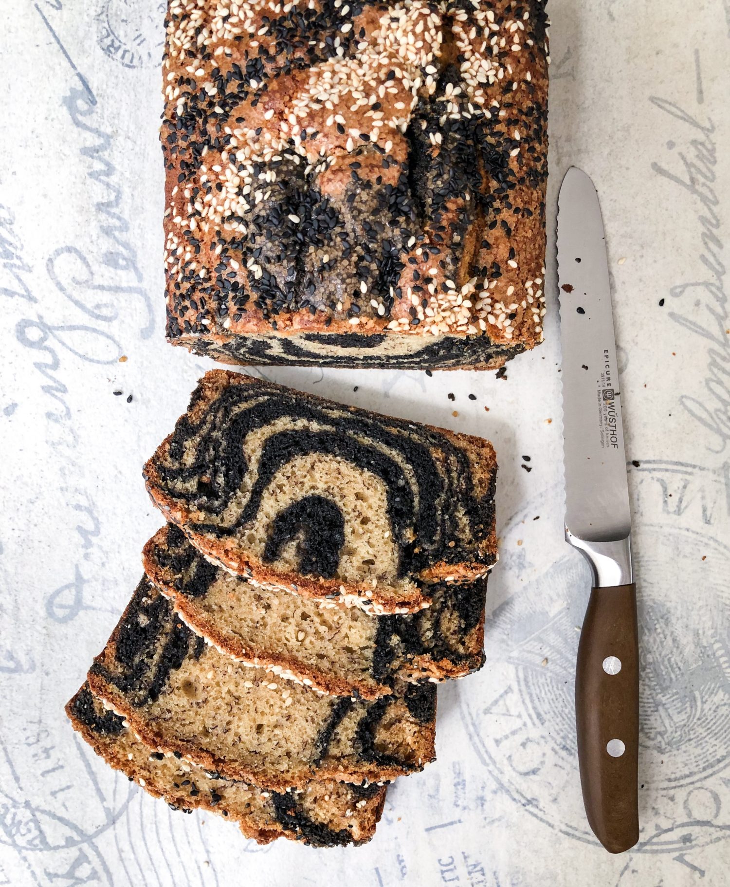 zebra banana bread, black tahini