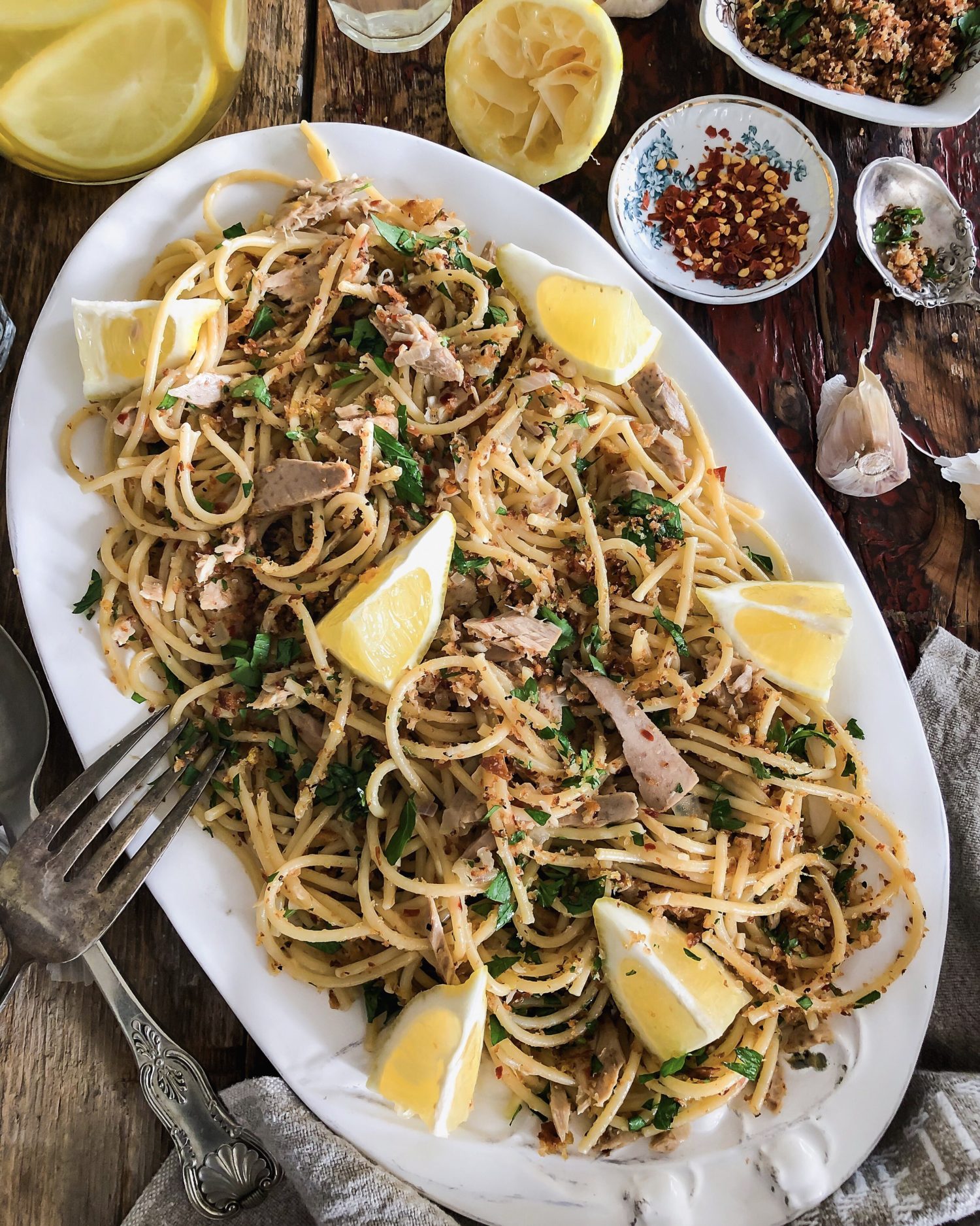 Tuna, lemon and chilli spaghetti, pangrattato