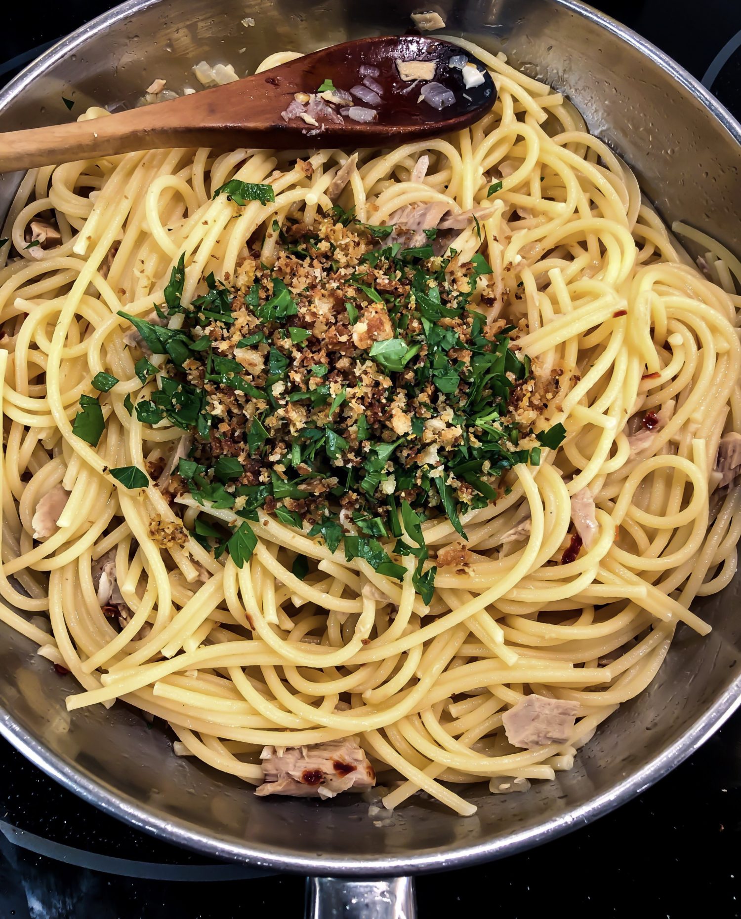 tuna, lemon and chilli spaghetti, pangrattato