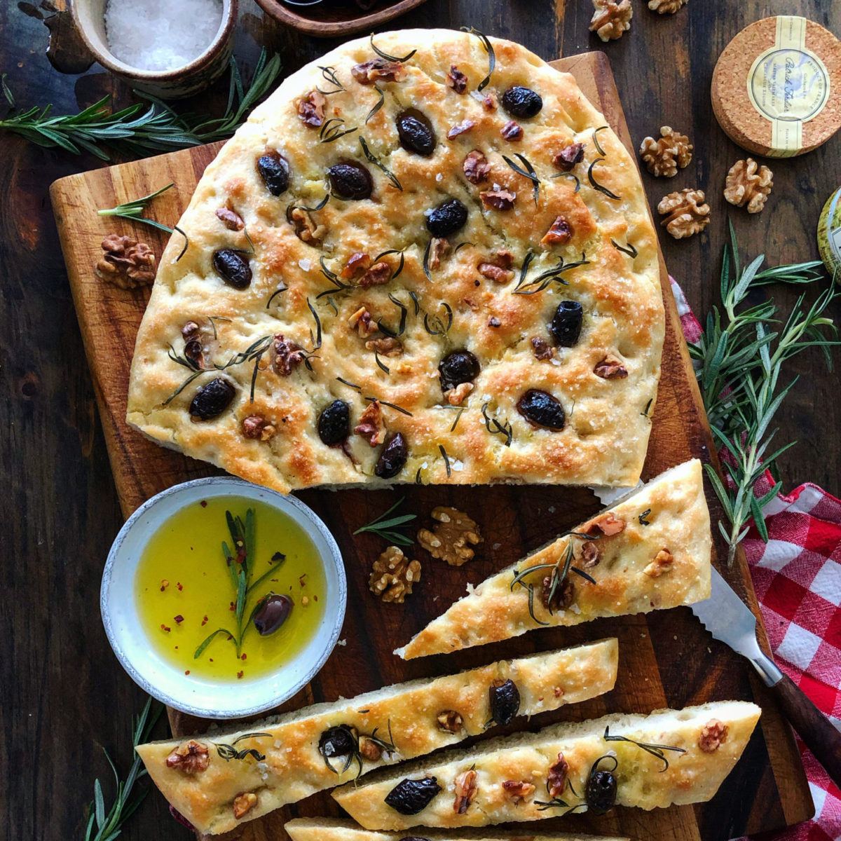 Walnut, Olive and Rosemary No Knead Focaccia