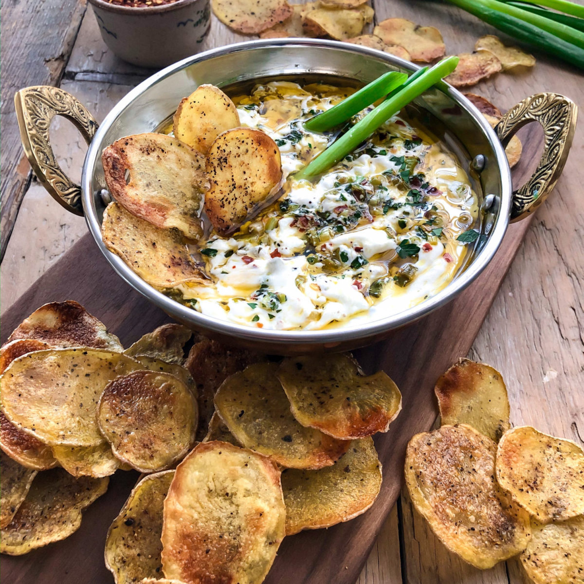 Labneh with Chilli Sizzled Scallions and Baked Potato Chips