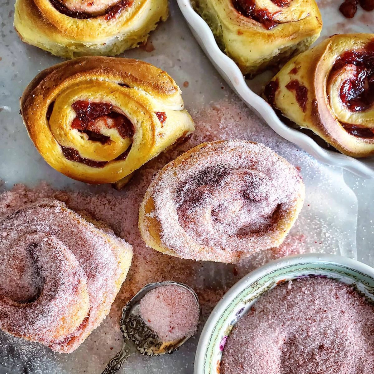 Roasted Strawberry Rolls with Strawberry Sugar