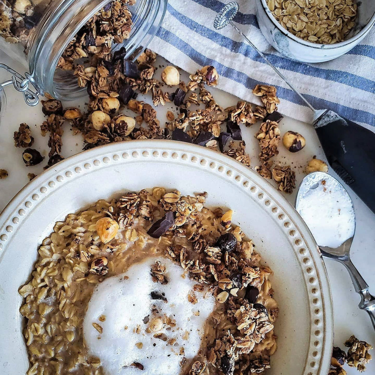 Coffee Oatmeal Latte with Vanilla Hazelnut Coffee Chocolate Granola