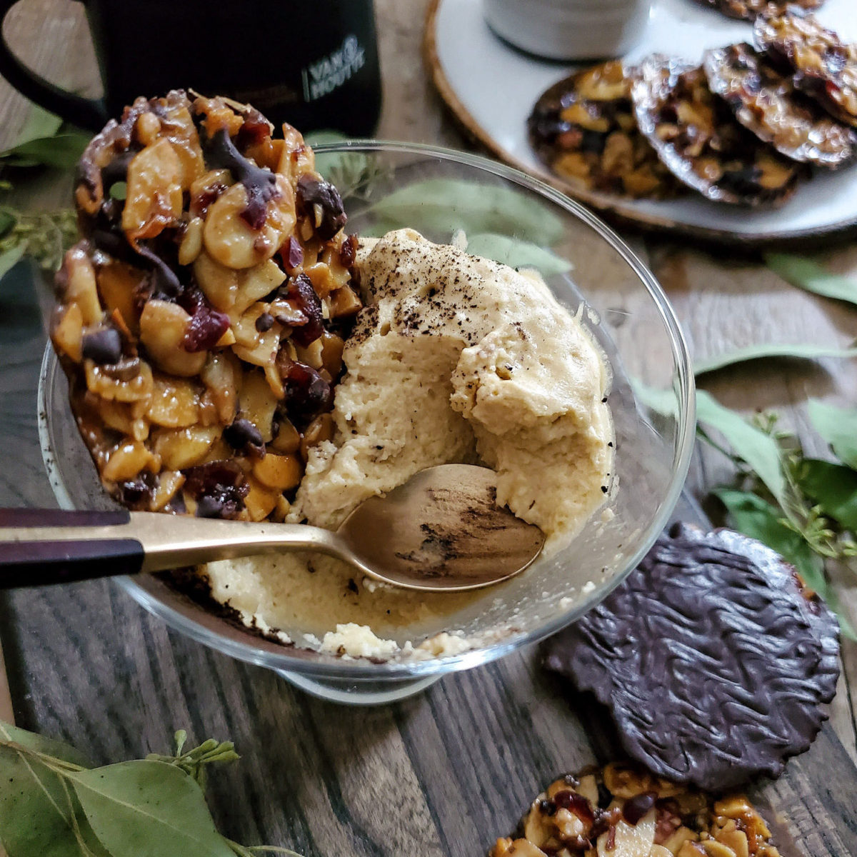 Cardamom Coffee Mousse with Almond, Cranberry and Cocoa Nib Florentines