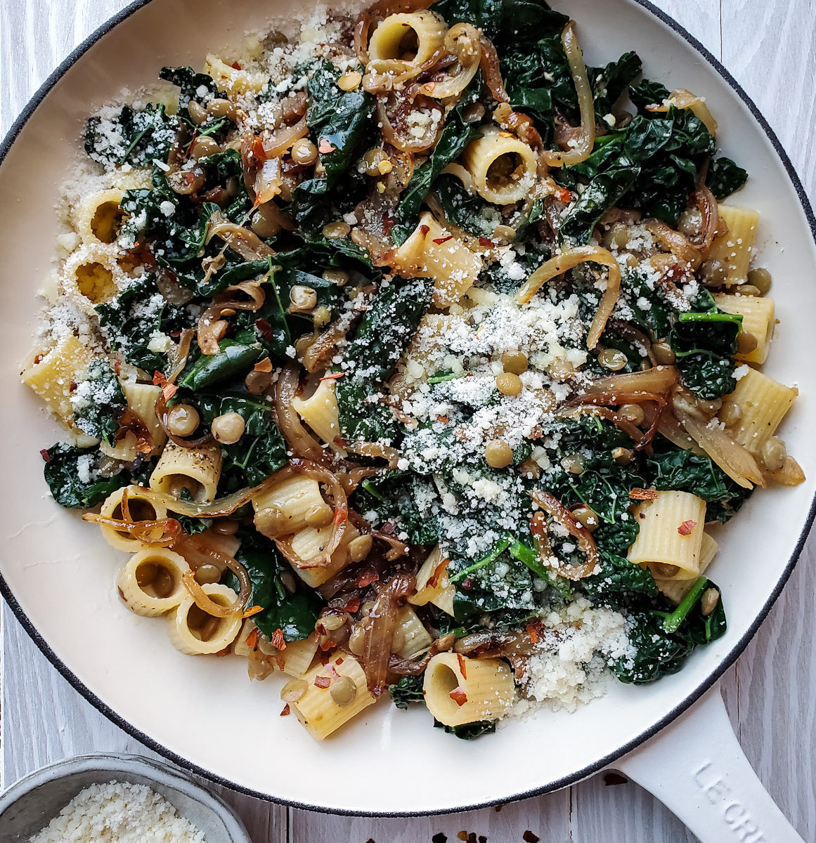 Pasta with Kale, Lentils and Caramelized Onions