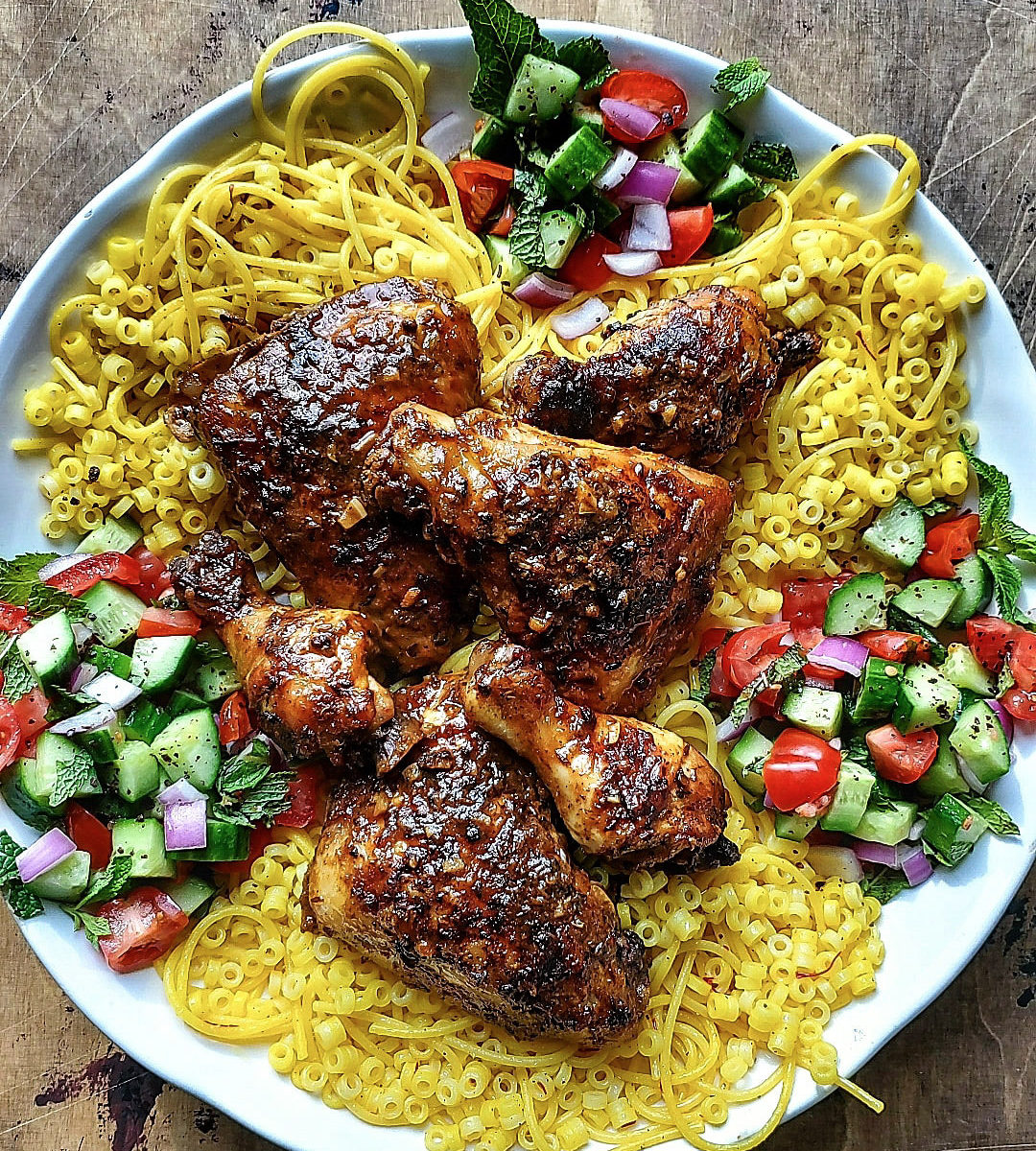 Harissa Chicken Thighs with Saffron Butter Pasta