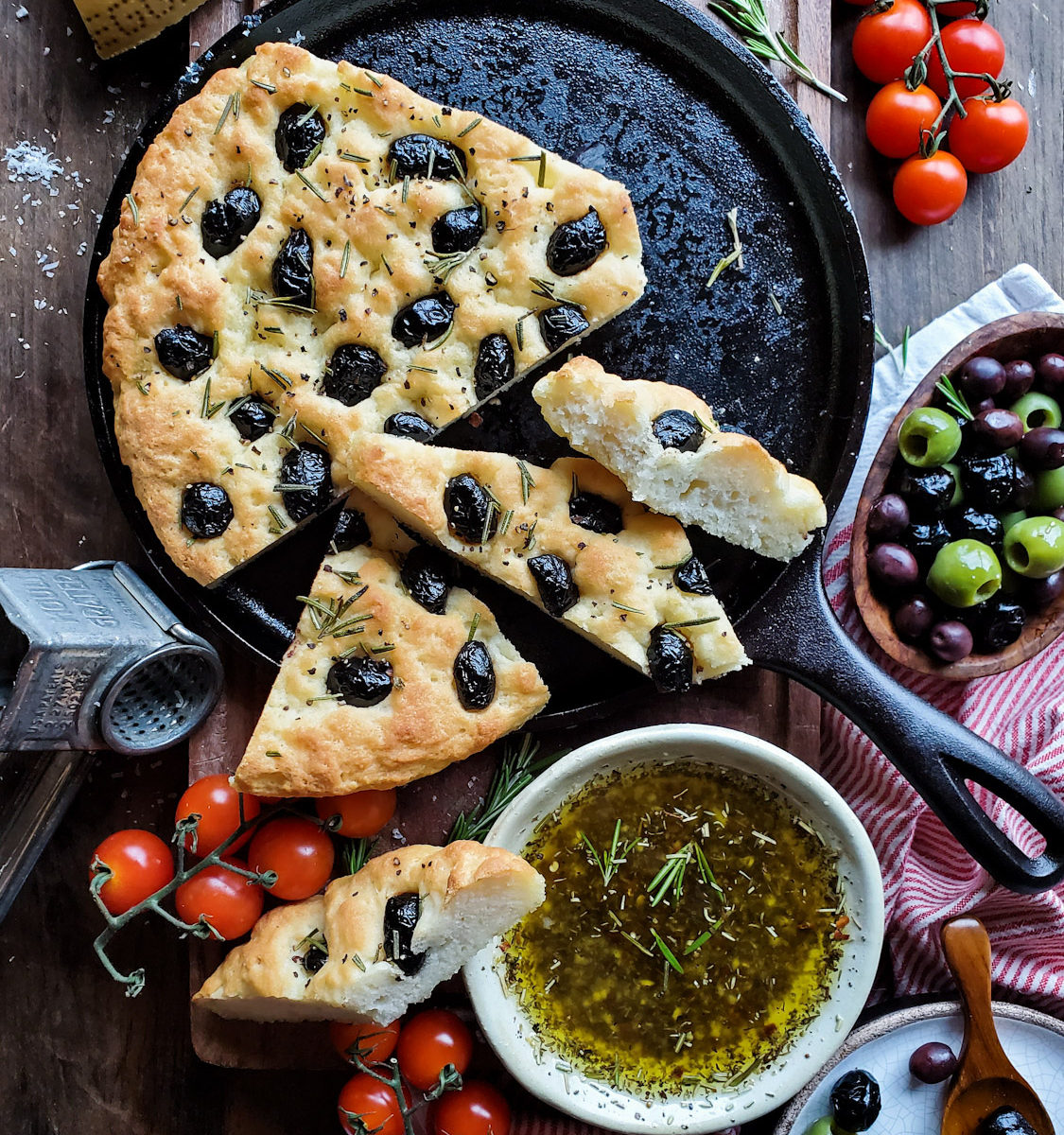 Gluten Free Olive Rosemary Focaccia with Loaded Dipping Sauce