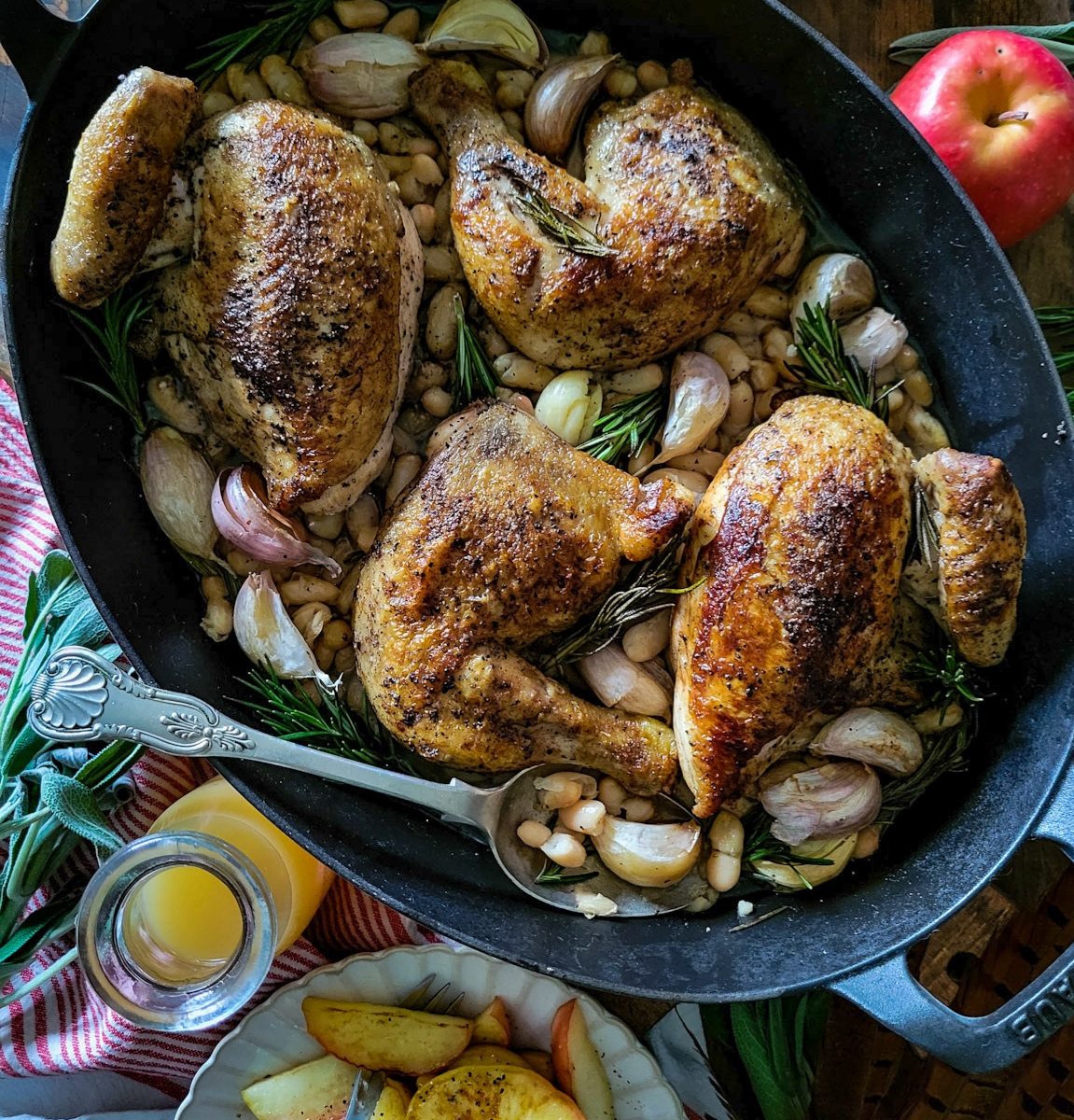 Roast Chicken with Beans, Garlic and Apples