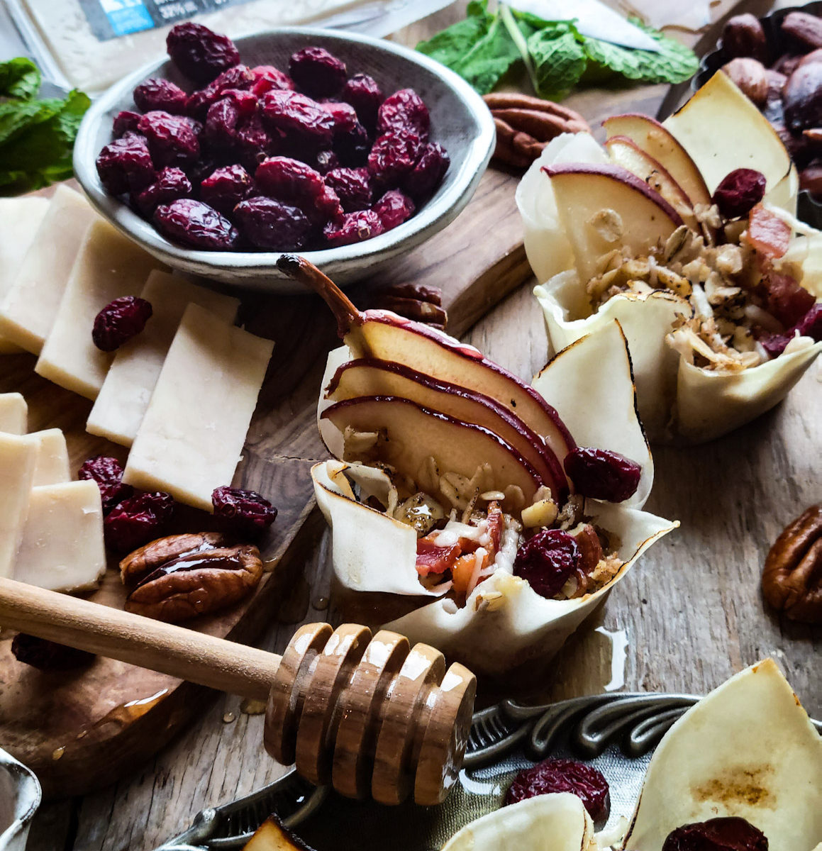 Red Wine Cheddar, Bacon and Pear Parcels with Pecan Streusel