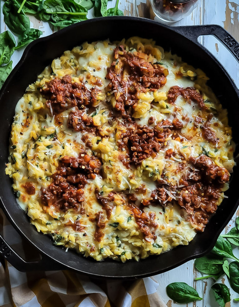 Baked Cheesy Orzo Bolognese | The Lemon Apron